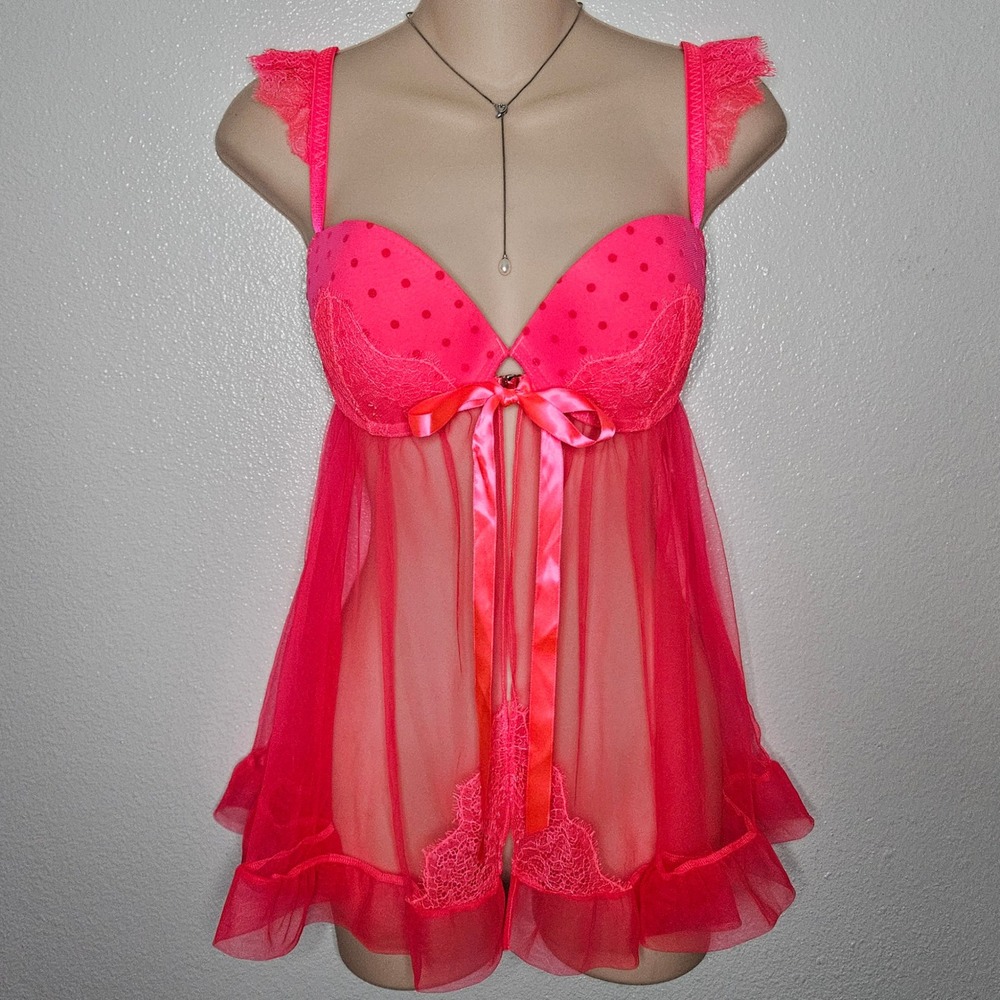 Victoria's Secret Neon Pink Polka Dot Lace‎ Babydoll Lingerie